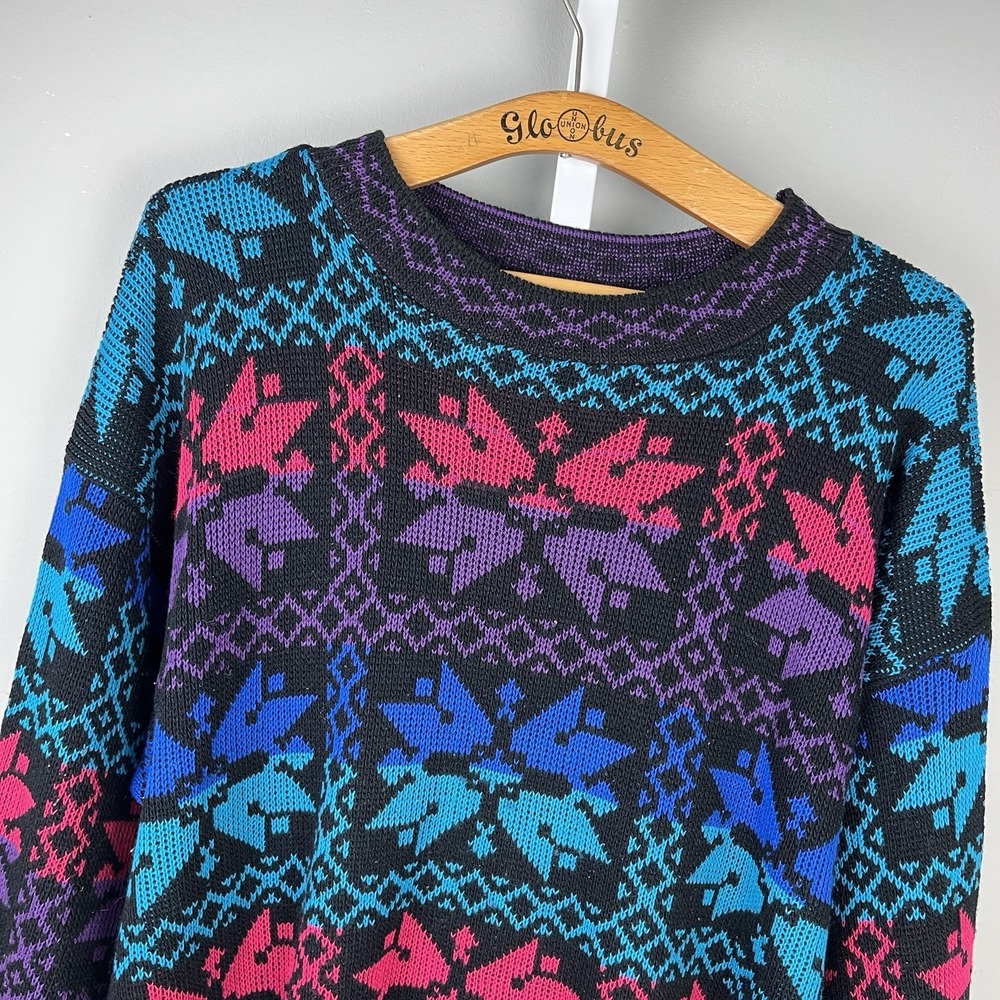 Classic Essentials Snowflake Ski Sweater Womens XL Black Purple Teal Vintage